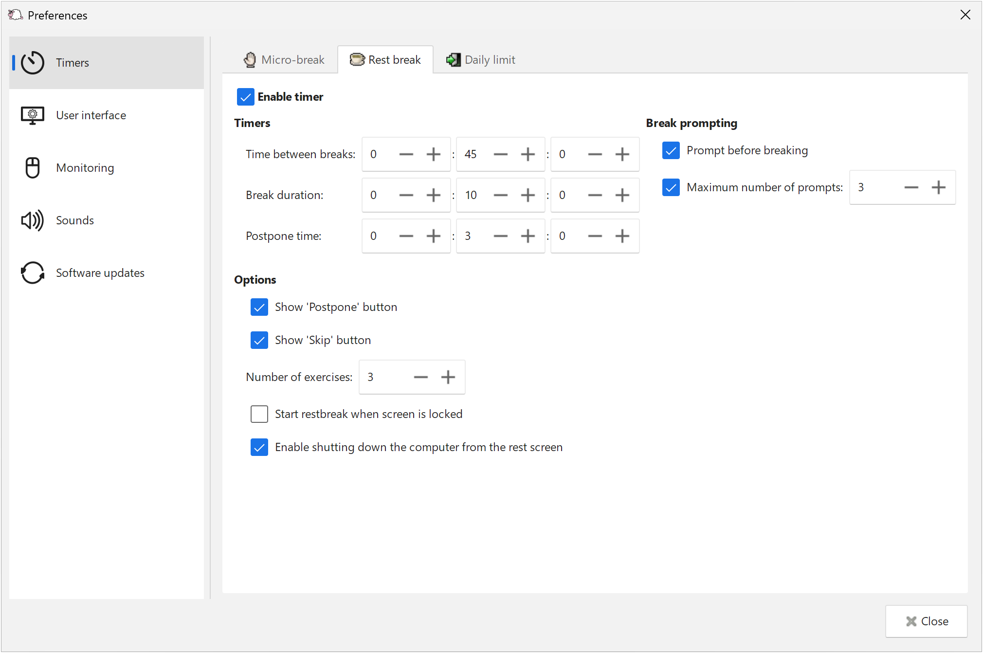 Preferences - Timer - Restbreak