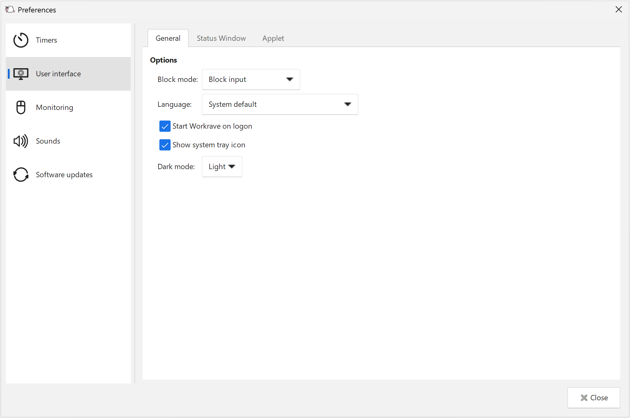 User interface preferences in Workrave 1.11 GTK