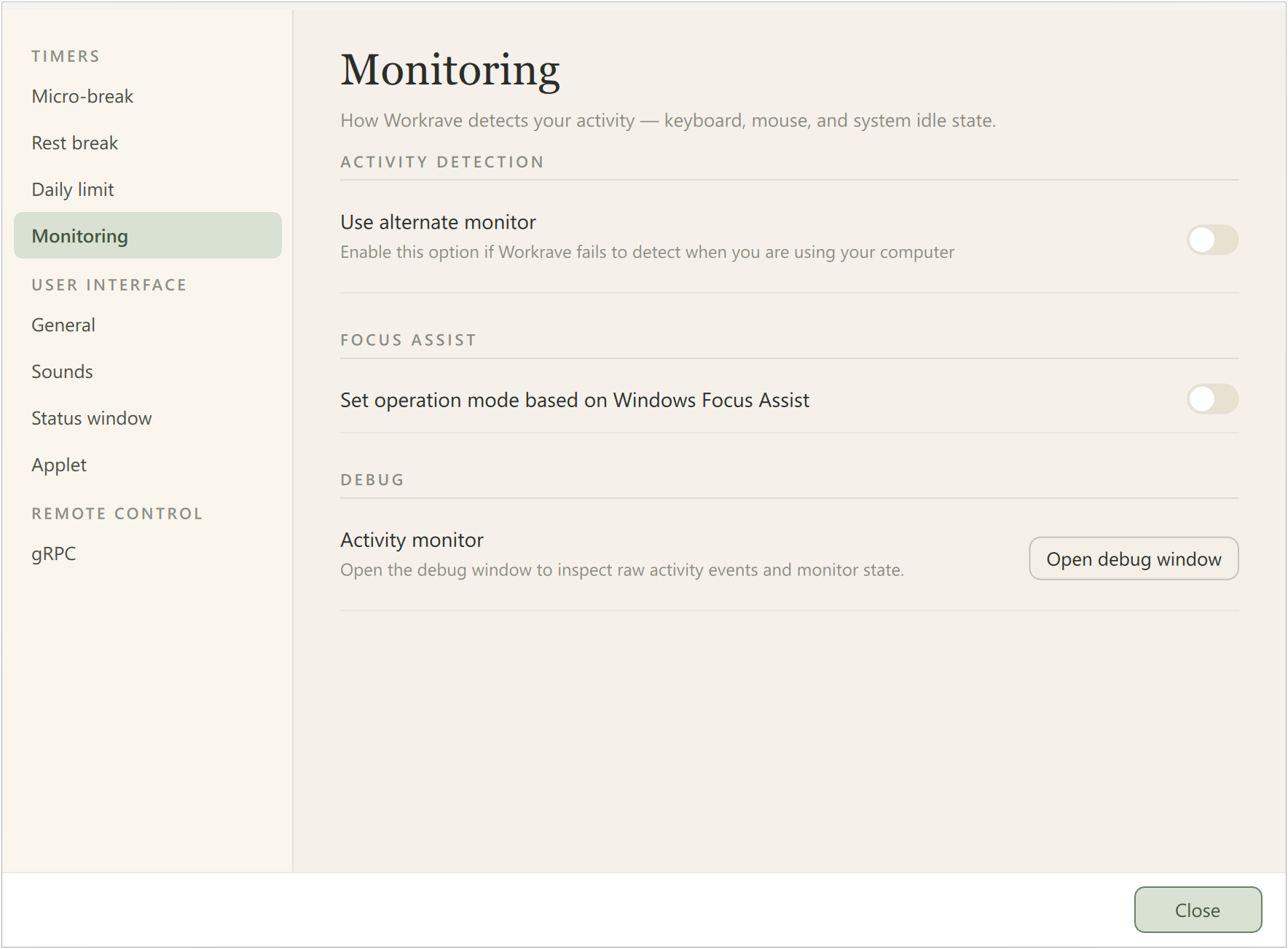 Preferences - Timer - Monitoring