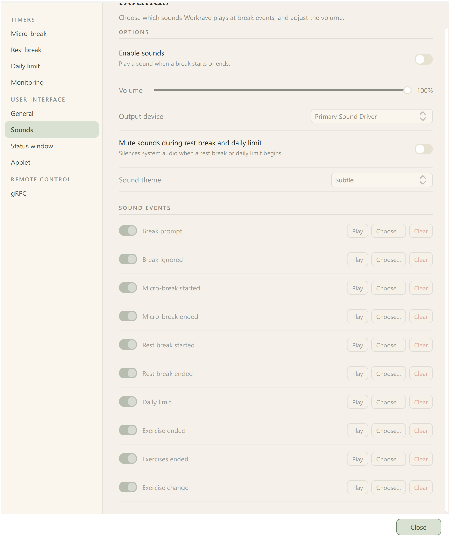 Preferences - Sounds, remaining sound events