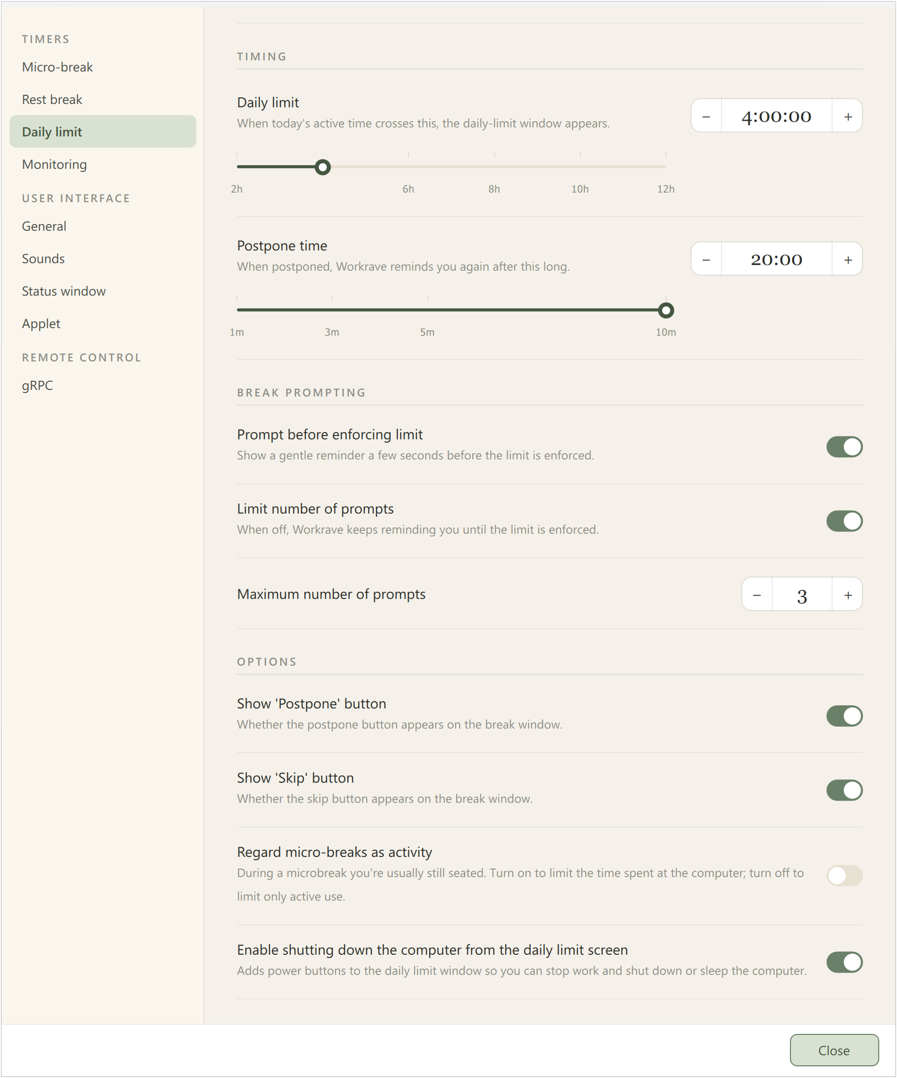 Preferences - Daily limit, lower settings