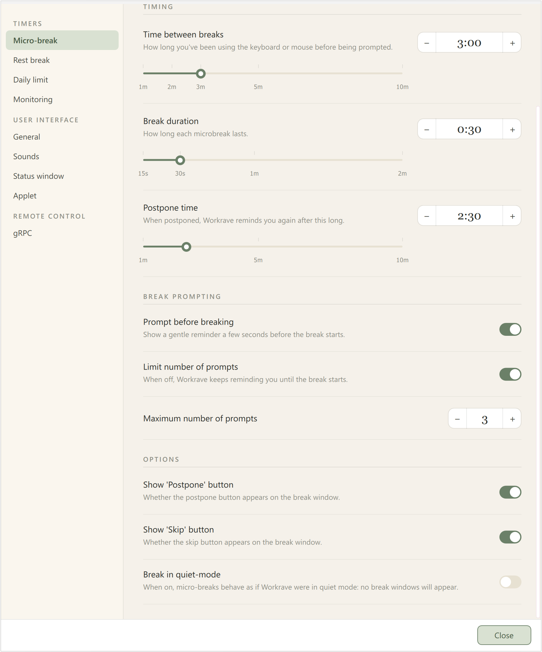Preferences - Micro-break, lower settings
