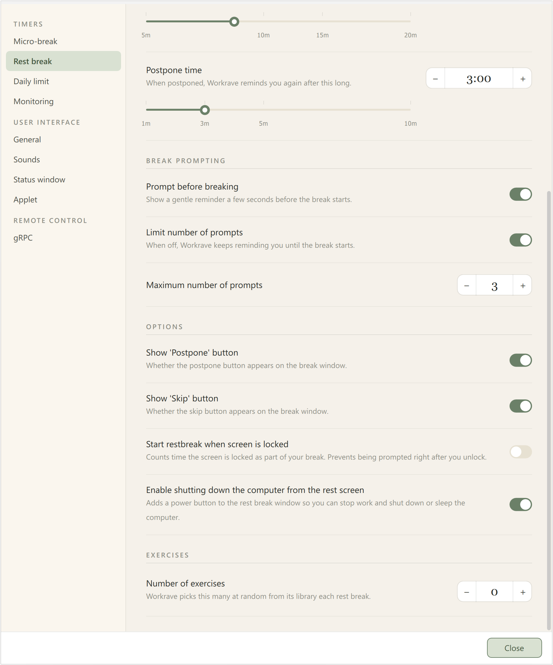Preferences - Rest break, lower settings