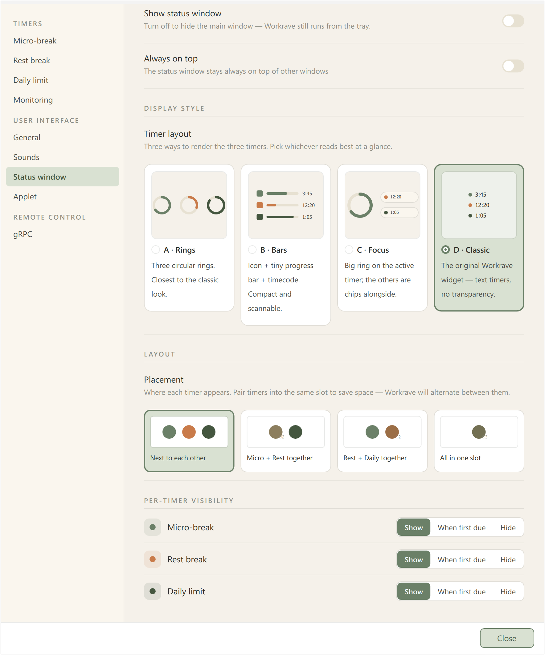 Preferences - UI - Status window, placement and timer visibility