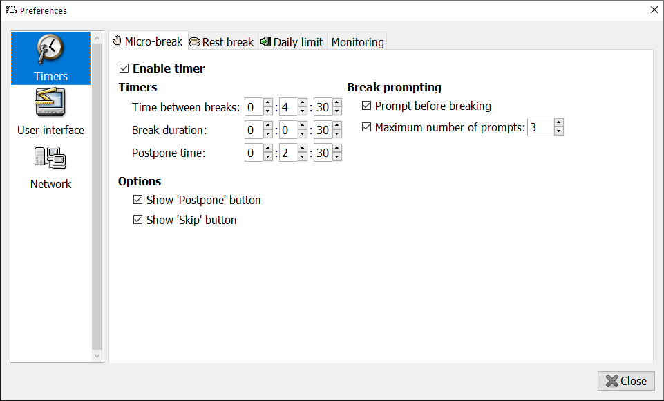 Preferences - Timer - Microbreak